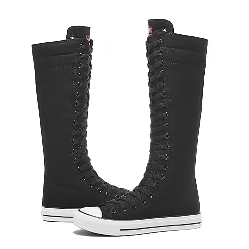 rismart Women's Tall Canvas Boots Knee Length Lace Up Punk Dancing Sneakers