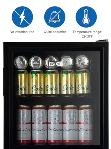 Beverage Refrigerator Cooler 60 Can Cooler Fridge Glass Door for Beer Drinks Wines Juice, 1.7 Cu. Ft Adjustable Shelves Bl...