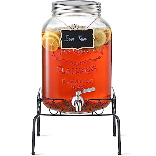 2 Gallon Glass Beverage Dispenser with Stand and Lid, 18/8 Stainless Steel Spigot - Glass Drink Dispensers for Parties - M...
