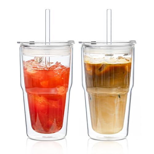 KEMORELA 2 Pack Double Wall Borosilicate Glass Tumblers with Lids and Straws, 16oz Insulated Iced Coffee Cups, Reusable Sm...