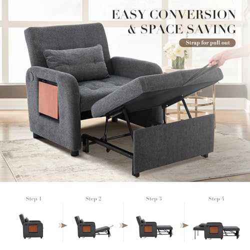 Convertible Sleeper Chair-Fabric Futon Sofa Bed, Single Sleeper Sofa, Small Couch Bed with USB Port, Foldable Table, Pillo...