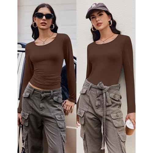 Ekouaer Long Sleeve Shirts for Women 3 Pack Scoop Neck Fitted Tops Thermal Undershirt Stretch Base Layer Soft Tee XS-XXL