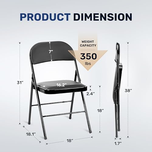 Simple Deluxe 4 Pack Folding Chairs with Padded Leather Cushion Seats & Durable Metal Frame, Comfortable, Foldable, Portab...