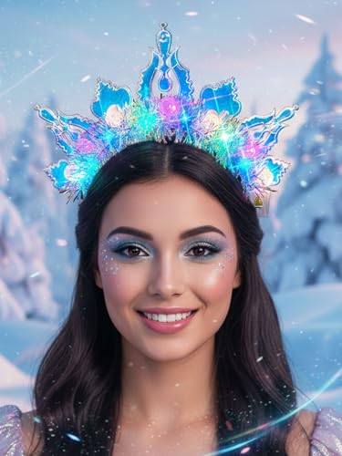 Lorealri Light Up Star Crown Headband, Blue and Silver Glitter Stars, LED Rave Party Costume Headwear Accessory for Women