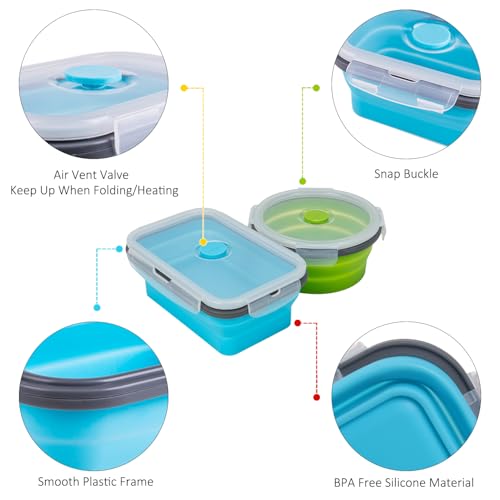 Collapsible Food Storage Containers with Lid & Air Vent, 16 Pack, 8 Rectangular + 8 Round, Annaklin Foldable Silicone Lunc...