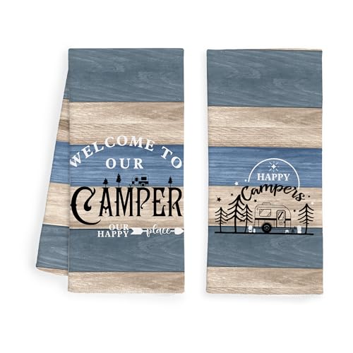 WFSM Happy Camper Kitchen Towels Set of 2, Camping Decor, Dish Towels, Hand Towels, RV Decor, Gifts, 16x24 Inches