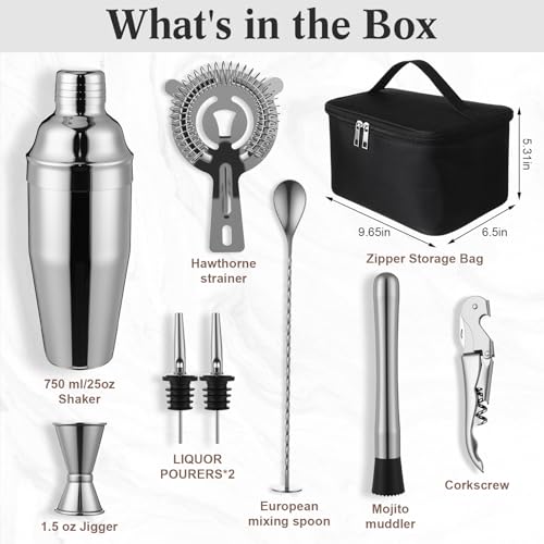 Widecook 9 Pcs Travel Bartender Kit Cocktail Shaker Set with Bag 25oz Martini Shaker Kit, Ice Crusher, Wine Opener, Strain...
