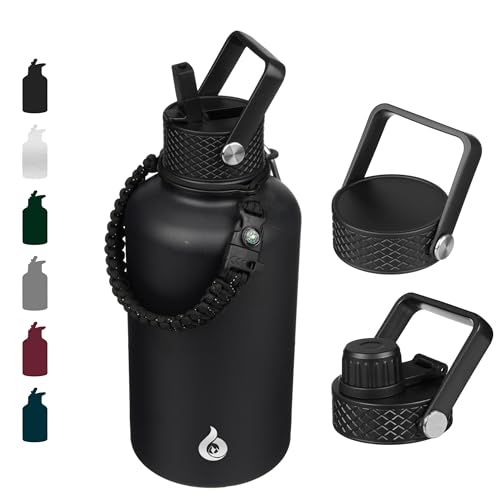 BJPKPK Half Gallon Insulated Water Bottles with Straw Lid, 64oz Large Water Jug, Stainless Steel Bottles with 3 Lids and P...