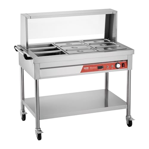 VEVOR 9-Pan Commercial Food Warmer, 9 x 1/3 Pans Electric Steam Table, 1500W Professional Buffet Catering Food Warmer with Shield Undershelf Wheels, Stainless Steel Server for Party Restaurant