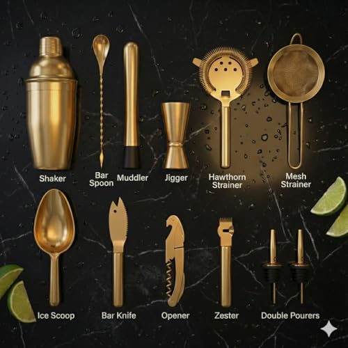 Highball & Chaser Bartender Kit with Espresso Bamboo Stand. Beautiful Cobbler Cocktail Shaker Set with Bar Tools Rustproof...