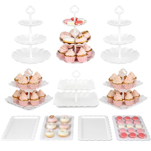 Pack of 10 NWK Cake Stand Set with 3 x Two-Tier and 3 x Three-Tier Cupcake Stands, 4 x Appetizer Trays, for Birthday Baby ...