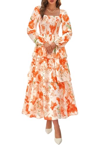 BTFBM Spring Dresses for Women 2026 Floral Long Sleeve Smocked Square Neck Ruffle Tiered Flowy Party Wedding Guest Dress