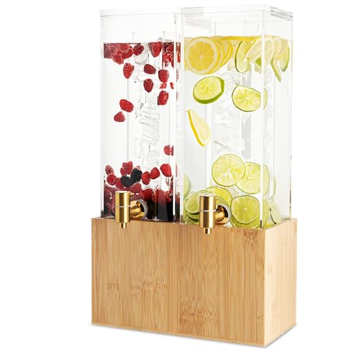 1.25 Gallon Dual Acrylic Beverage Dispenser with Bamboo Stand – Iced Drink Dispenser with Stainless Steel Spigot & Built-i...