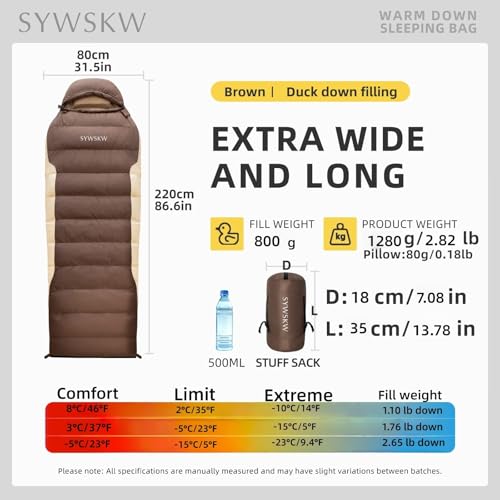 SYWSKW Down Sleeping Bag with Pillow, Ultralight Rectangular Sleeping Bag for Adults, Youth Backpacking,Hiking and Camping...
