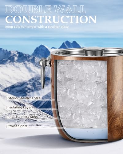 Golden Cudgel Insulated Ice Bucket, 3L Double Wall Stainless Steel Ice Bucket with Tongs,Lid, Scoop and Strainer, Ice Buck...