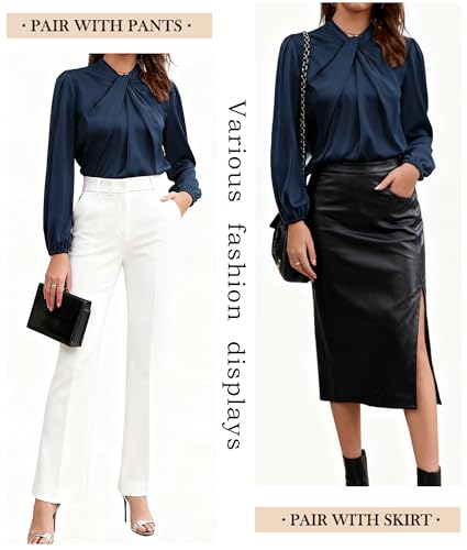 GRACE KARIN Women's Long Sleeve Satin Blouse,Mock Neck Work Silk Shirts,Dressy Tops for Business Casual Office