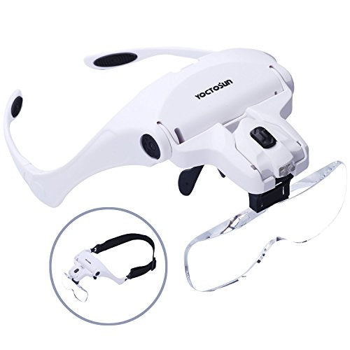 YOCTOSUN Head Mount Magnifier with 2 Led Professional Jeweler's Loupe Light Bracket and Headband are Interchangeable