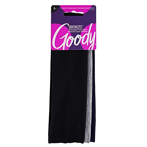 Goody Ouchless Comfort Head Wraps - 3 Ct, Black/Grey/Navy Blue, Soft & Stretchy Fabric Headbands for Women & Men, Secure H...