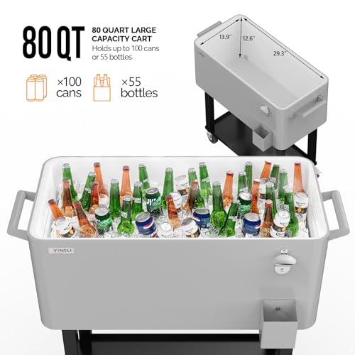 VINGLI 80 Quart Rolling Ice Chest on Wheels, Portable Patio Party Bar Drink Cooler Cart, with Shelf, Beverage Pool with Bo...