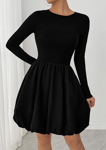 PRETTYGARDEN Fall Dresses for Women 2026 Casual Long Sleeve Bubble Cute Crew Neck A Line Mini Short Dress with Pockets