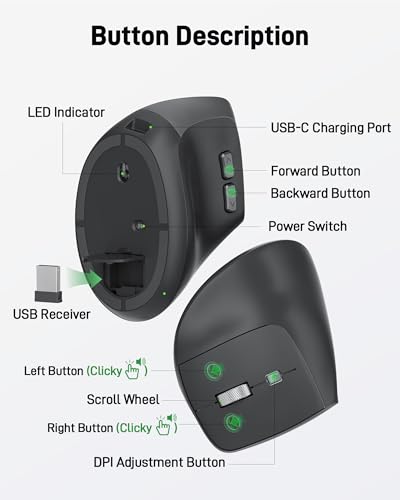 acer Ergonomic Mouse Wireless, Adjustable DPI Vertical Mouse 1000/1200/1600 with 6 Buttons, Rechargeable Ergo Mice with 2....