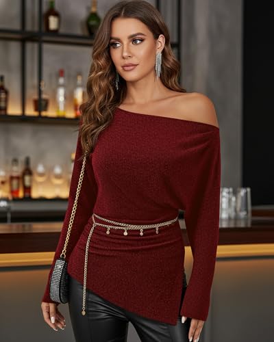 Lotusmile Women's Fall Winter Off The Shoulder Long Sleeve Blouse Dressy Casual Tops