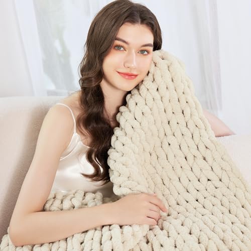 Admitrack Chunky Knit Blanket Throw 51"x63", 100% Hand Knit Chenille Throw Blanket for Sofa & Home Decor, Soft and Cozy Kn...