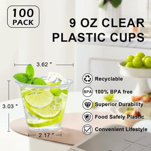 Lamosi 100 Pack 9 oz Clear Plastic Cups, Disposable Cups Wine Cocktail Punch, Sturdy & Food Safe Plastic Cup for Party & W...