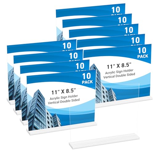 10 Pack Acrylic Sign Holder 11 x 8.5 Horizontal, Double-Sided Clear Sign Holder Plastic Stands for Display, T Shape Acryli...