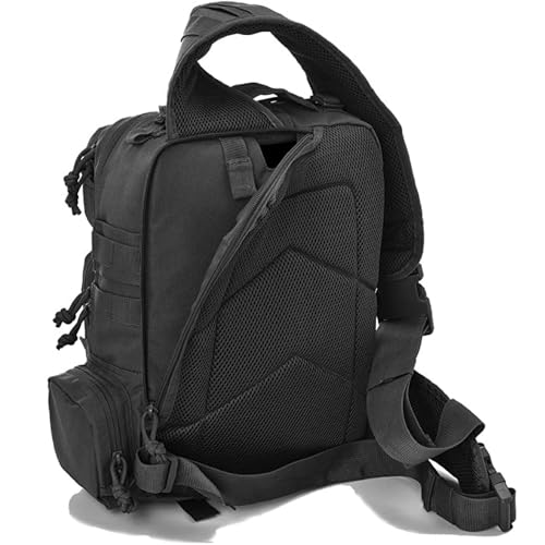 REEBOW GEAR Tactical Sling Bag Military Style Single Shoulder Sling Pack (Black with flag patch)