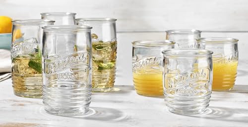 Glaver's Original Mason Set of 8 Drinking Glasses 4-20 Oz Highball Glasses, and 4-13 Oz Whiskey Glass Cups For Everyday Ho...