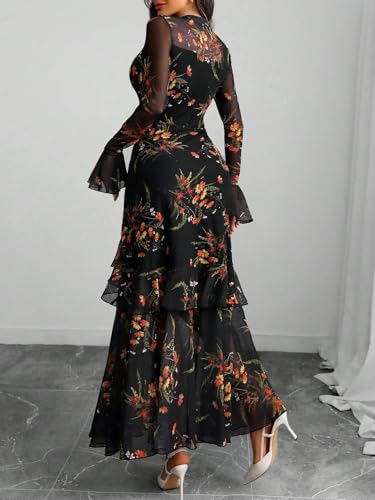 GothDark Womens Floral Maxi Dress Sheer Mesh Bell Sleeve Tiered Ruffle Gothic Romantic Casual Long Dresses