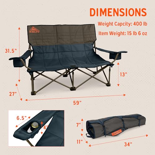 Kelty Low Loveseat Oversized 2-Person Heavy Duty Folding Camp Chair, Double Seat for Soccer Games, Tailgating, Beach Days...