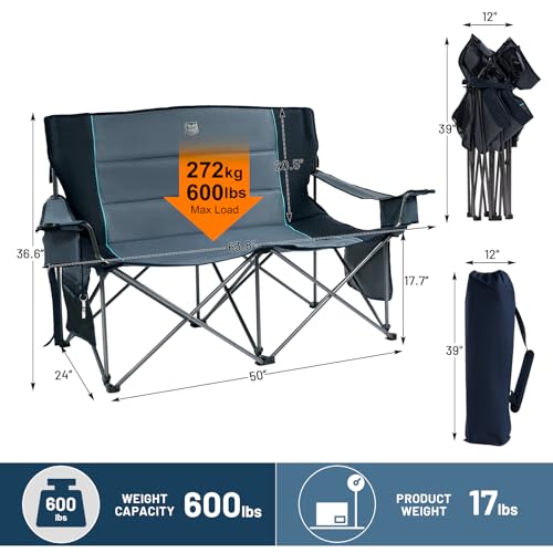 TIMBER RIDGE Oversized Double Camping Chairs Camping Couch, 2 Person Camping Loveseat Double Folding Camp Chair with Wine ...