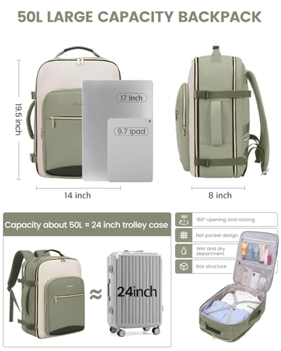 LOVEVOOK 50L Travel Backpack for Women & Men, Airline Approved Carry On Luggage with 3 Packing Cubes, TSA Overnight Bags, ...