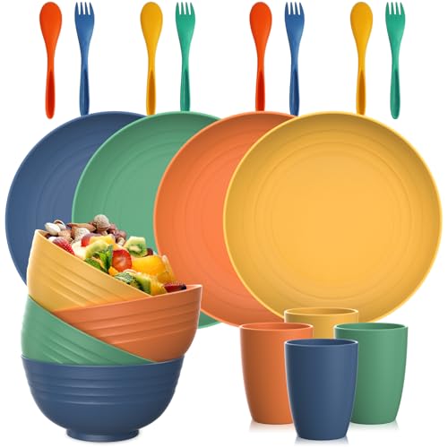 Premium Wheat Straw Dinnerware Sets for 4,Dishwasher & Microwave Safe Plates and Bowls Sets 20-Piece, Unbreakable and Ligh...