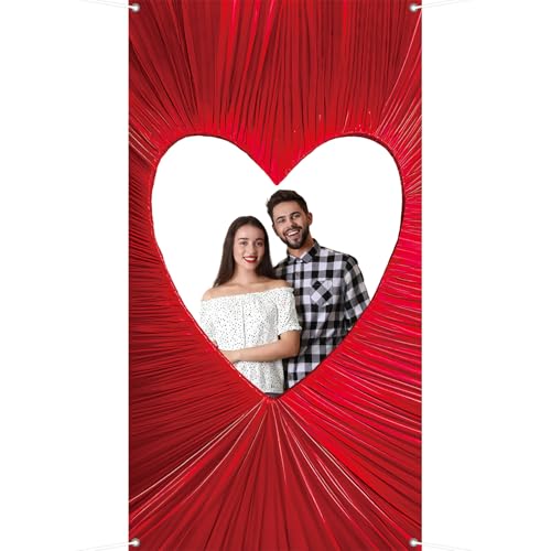 59" Large Valentine's Day Photo Booth Prop Heart-Shaped Cutout Backdrop Red Heart Selfie Frame Red Photo Background Fabric...