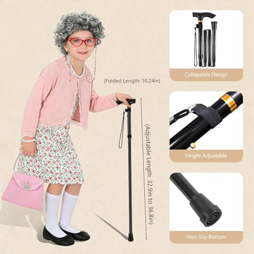 WooHand Old Lady Costume for Kids 100 Day of School Costume for Girls 100th Day of School Dress Up Grandma Wig Cane Outfit