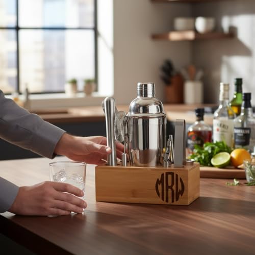 Personalized Cocktail Shaker Set with Stand — Engraved Bartender Kit w/Jigger, Strainer, Spoon & Pourer — Custom Bar Mixol...
