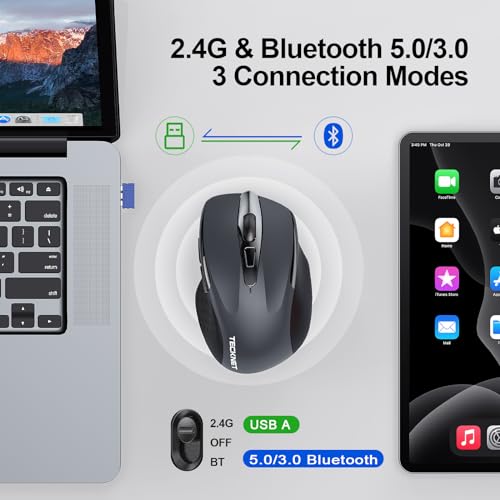 TECKNET Wireless Mouse (BT5.0/3.0 & 2.4G) Rechargeable 4800 DPI Silent USB A & Bluetooth Mouse 6 Buttons, Wide Compatibili...