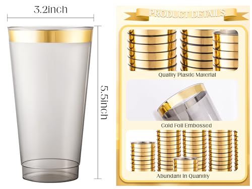 LIYH 100 Pcs Gold Plastic Cups - 16 OZ Clear Black and Gold Rim Plastic Wine Cups Big Size Fancy Disposable Wine Glasses P...