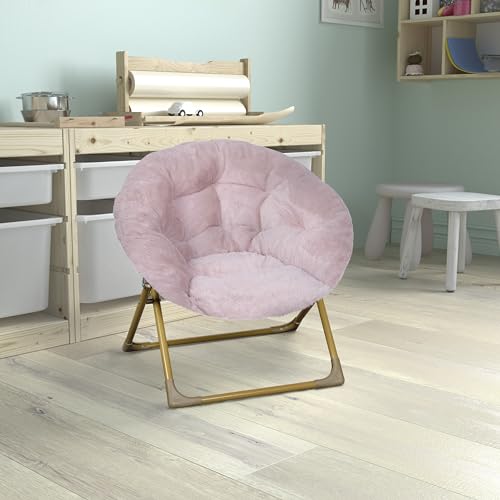 Flash Furniture Gwen Kids Cozy Mini Folding Saucer Chair - Blush Faux Fur Moon Chair - Soft Gold Metal Frame - 23" Portabl...