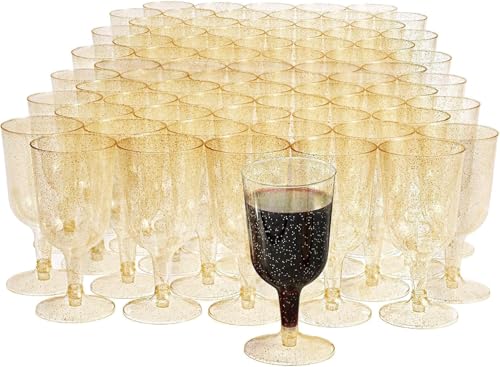 MATANA 50 Gold Glitter Plastic Wine Glasses for Weddings, Birthdays, Bridal Shower & Parties, 6oz - Sturdy & Reusable