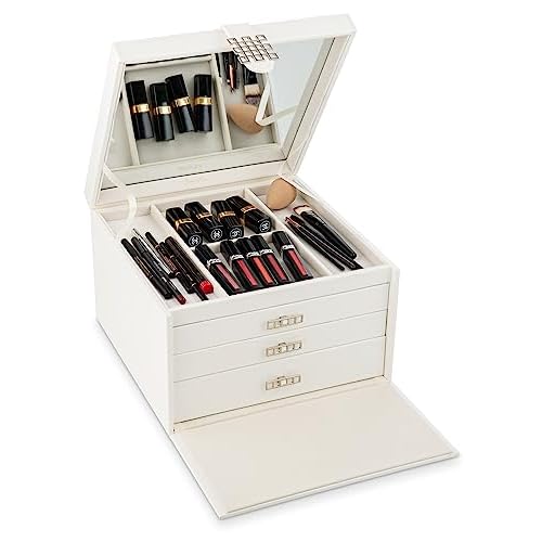 Glenor Co Makeup Organizer - Extra Large Exquisite Case w Modern Closure, 4 Drawer Trays & Full Mirror - Huge Cosmetic Storage Jewelry Box for Dresser, Counter-top & Vanity - PU Leather - White