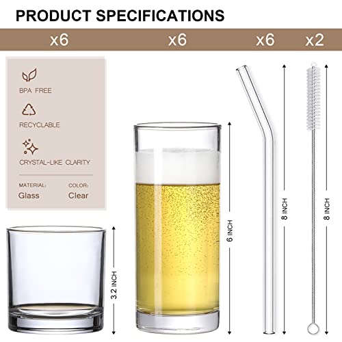 [ 12 Pack ] Glass Cups with Glass Straws, 12oz Highball & Rock Drinking Glasses, Everyday Drinkware Glasses Set, Cute Tumb...