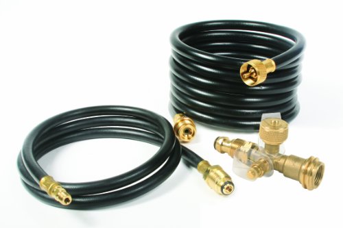Camco Propane Brass 4 Port Tee- Comes with 5ft and 12ft Hoses, Allows for Connection Between Auxiliary Propane Cylinder an...