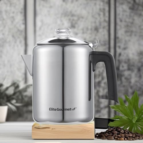 Elite Gourmet EC008 Classic Stovetop Coffee Percolator, Glass Clear Brew Progress Knob, Cool-Touch Handle, Cordless Serve,...
