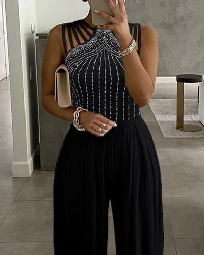 CHICME Women's One Piece Jumpsuit Rhinestone Cutout Ruched Wide Leg Jumpsuit Overall Long Pants