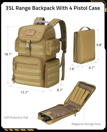 CVLIFE Tactical Range Backpack with Removable Divider, Gun Cases Bag with 4 Pistol Carrying Cases, Rucksack for Shooting (...