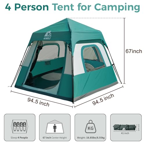 Hewolf 3-4 Person Tents for Camping, Waterproof Easy Pop Up Instant Tent Sets Up in 60 Seconds for Family Outdoor Hiking &...